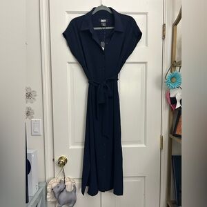 DKNY Midi Button Down Navy Tie Waist Dress